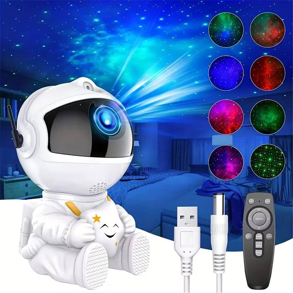 Projecteur Galaxie en forme d'astronaute avec LED multicolores, télécommande et câble USB. Idéal pour créer un ciel étoilé dans une chambre.