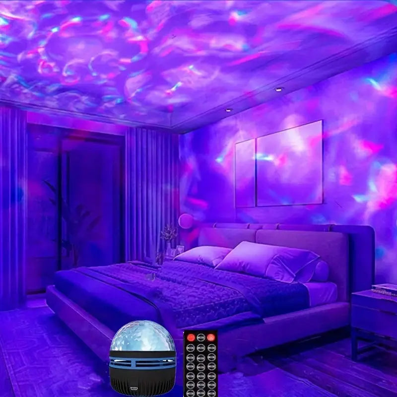 Projecteur d'aurore LED créant une ambiance relaxante dans une chambre moderne avec effets lumineux violets et bleus. Idéal pour un spectacle LED apaisant.