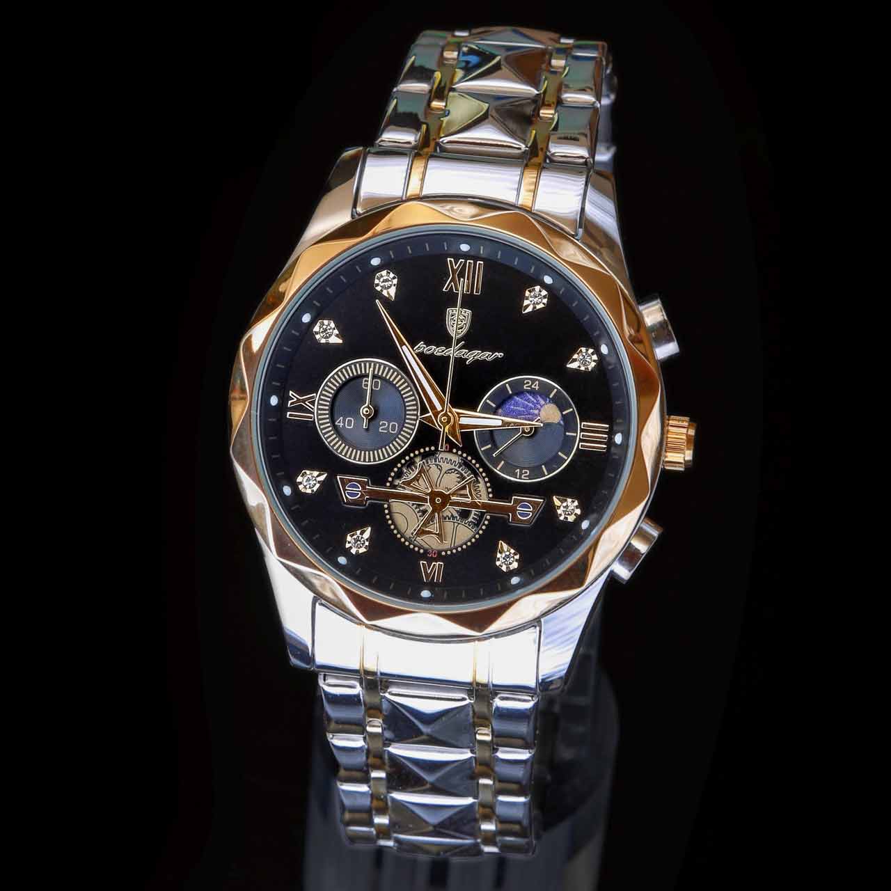 Montre Zenith - Chronographe Homme Acier | Quartz Étanche avec cadran noir, boîtier bicolore or et argent, et bracelet en acier inoxydable.