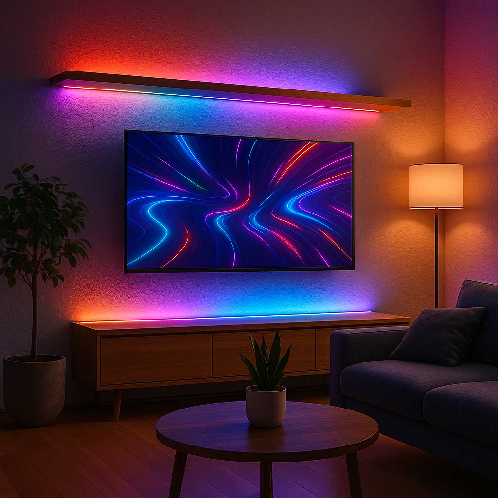 Éclairage d’ambiance avec Ruban LED RGB USB installé derrière une TV murale. Parfait pour déco intérieure moderne et immersive.