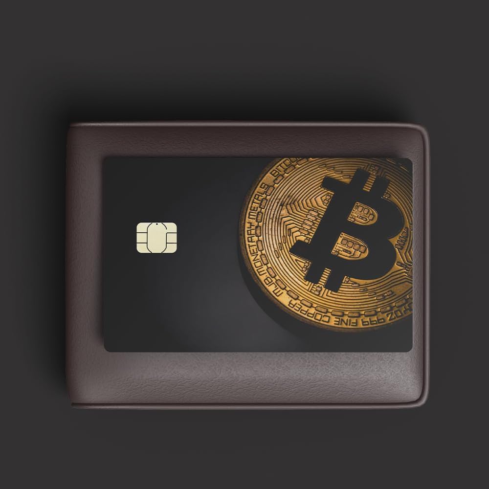 Sticker autocollant CB carte bleue Bitcoin protection, design élégant avec motif pièce Bitcoin dorée. Idéal pour personnaliser et protéger votre carte bancaire.