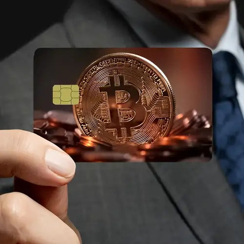Autocollant CB carte bleue Bitcoin avec design premium représentant une pièce Bitcoin en relief. Protection élégante et personnalisée pour votre carte bancaire.