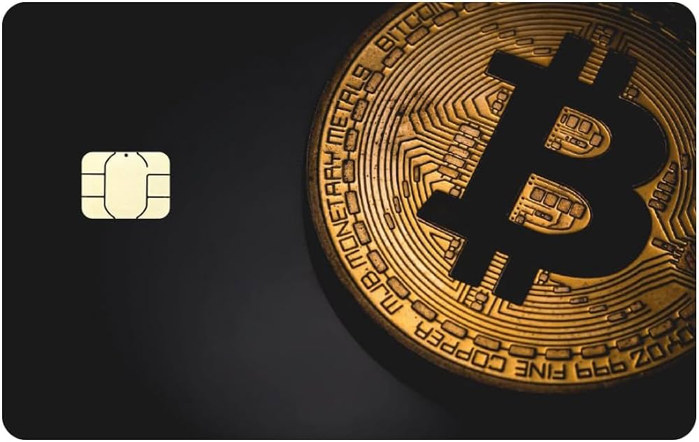 Stickers autocollant CB carte bleue Bitcoin avec illustration détaillée d'une pièce Bitcoin dorée. Accessoire parfait pour sécuriser et embellir votre carte bancaire.