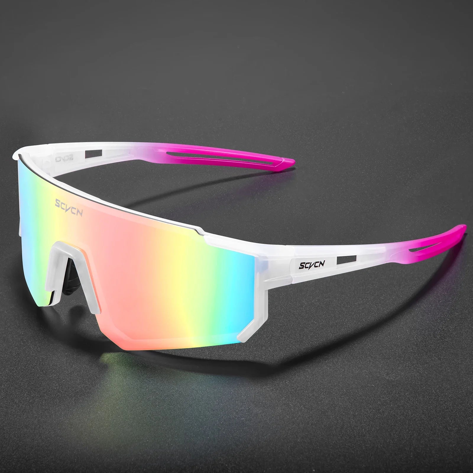 Lunettes Cyclisme SCVCN - Protection UV400 avec monture blanche et branches roses, verres miroir arc-en-ciel pour performance sportive.