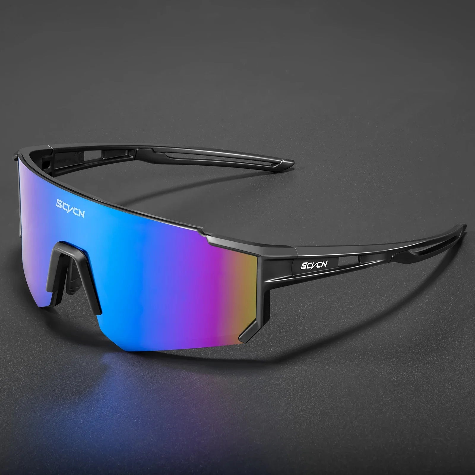 Lunettes Cyclisme SCVCN avec verres miroir UV400, monture noire légère et design aérodynamique pour performance et confort sportif.