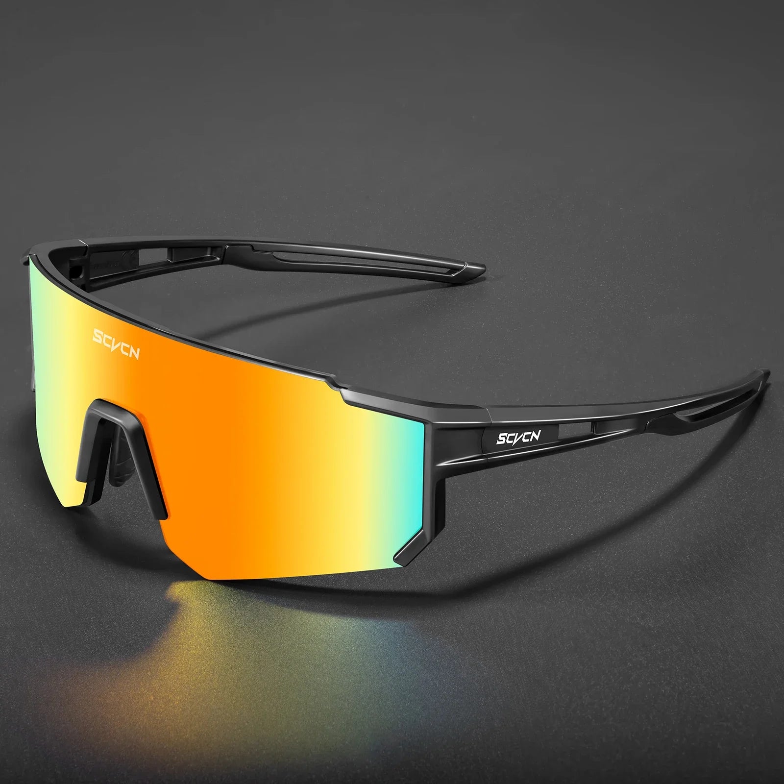 Lunettes Cyclisme SCVCN - Protection UV400 avec verres miroir orange, monture noire légère et design aérodynamique pour performance sportive.