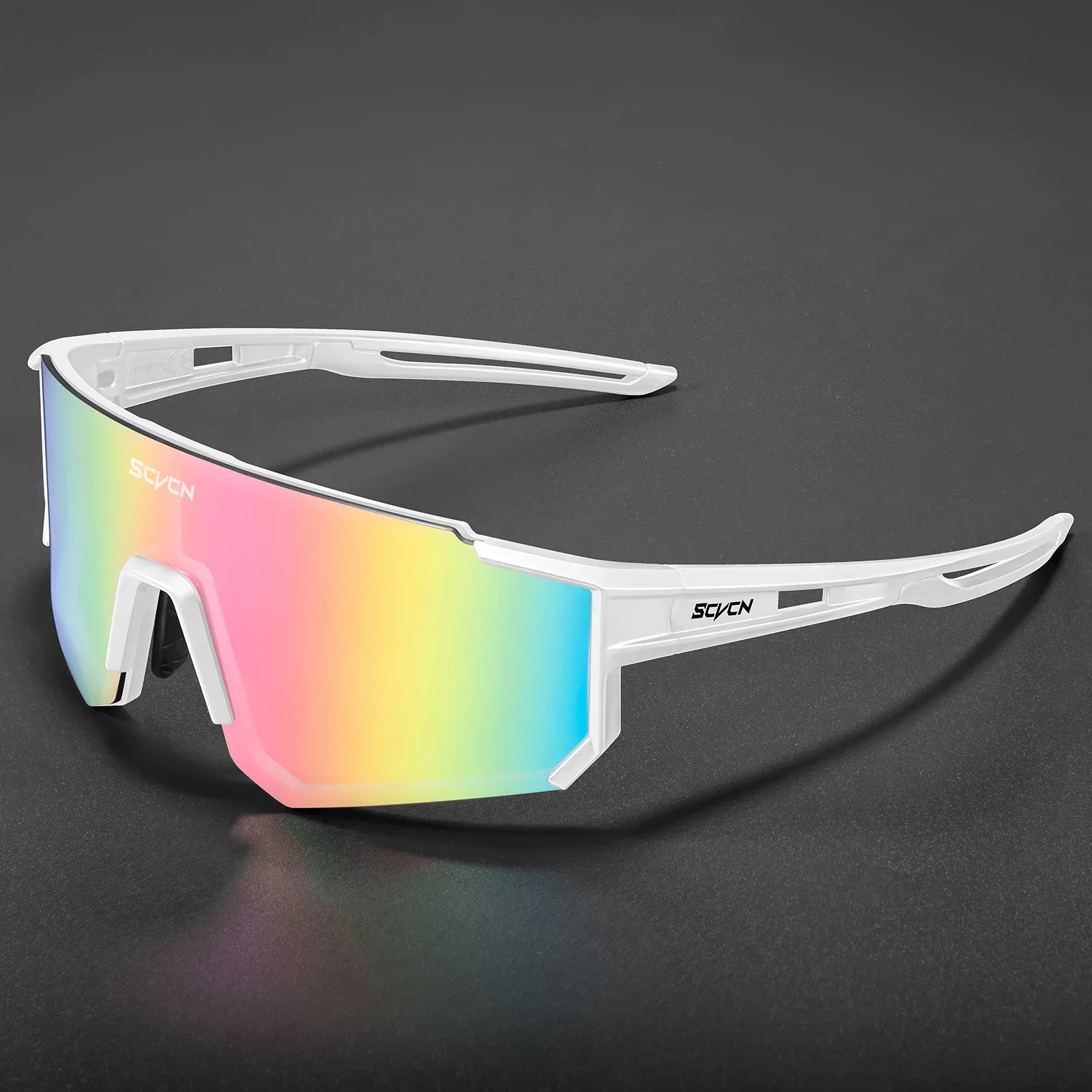 Lunettes Cyclisme SCVCN - Protection UV400 avec monture blanche et verres miroir arc-en-ciel. Idéales pour le sport en extérieur et le cyclisme.