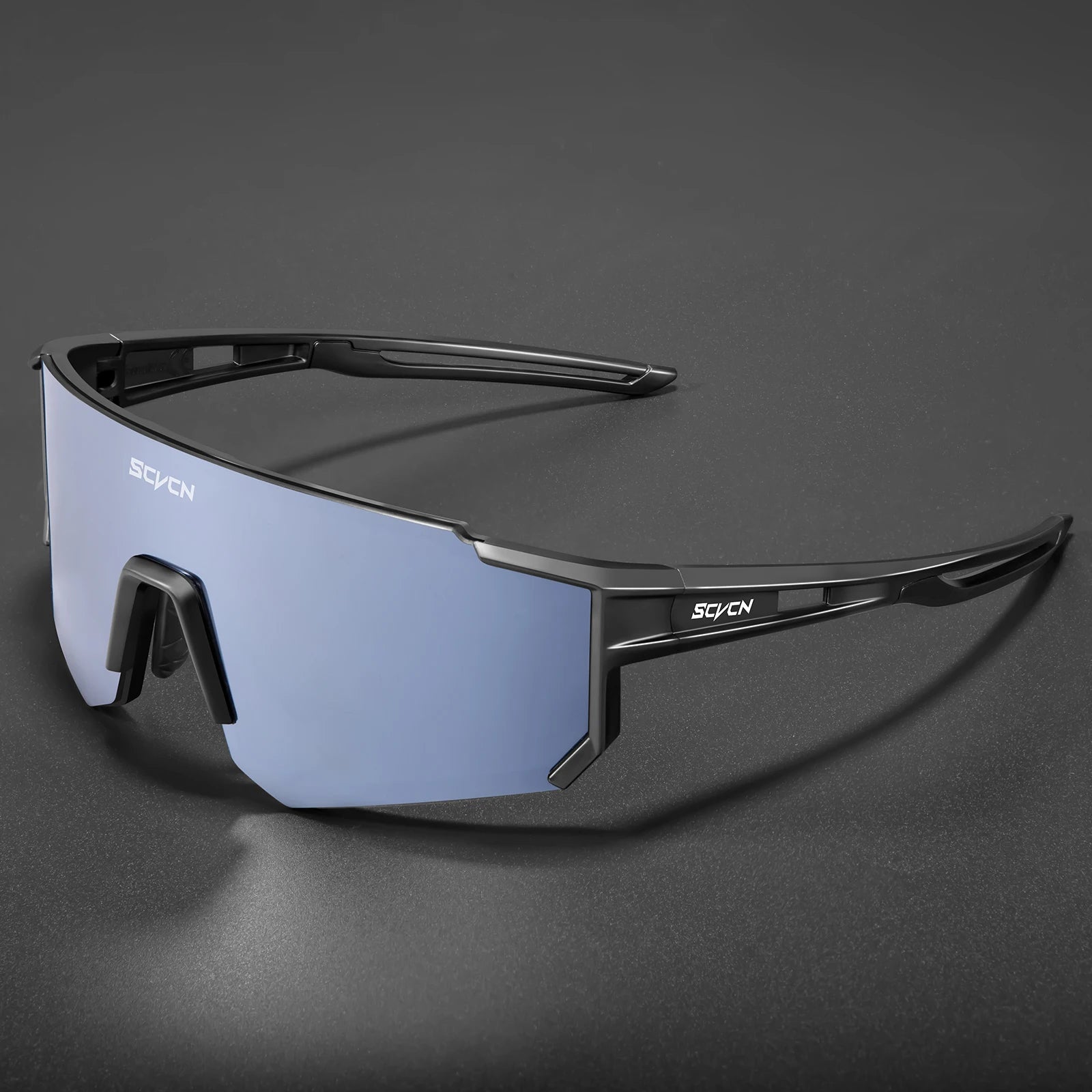 Lunettes Cyclisme SCVCN - Protection UV400 avec monture noire et verres miroir bleus. Idéales pour le sport en plein air et la performance.
