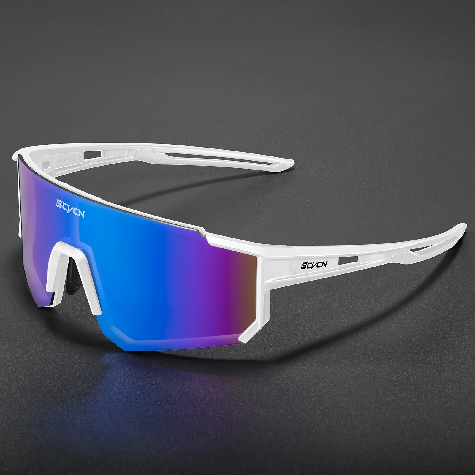 Lunettes Cyclisme SCVCN - Protection UV400 avec monture blanche et verres miroir bleus. Idéales pour cyclistes recherchant confort et performance.