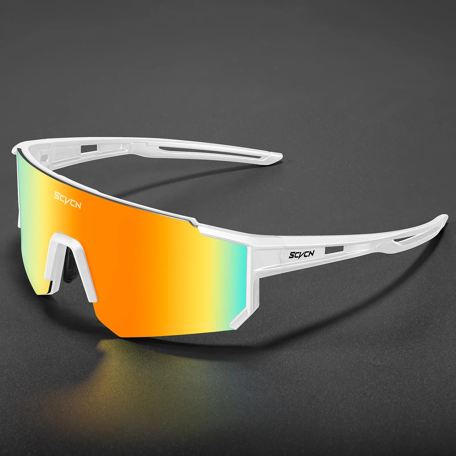 Lunettes Cyclisme SCVCN blanches avec verres miroir orange UV400, idéales pour protection solaire et performance sportive en extérieur.