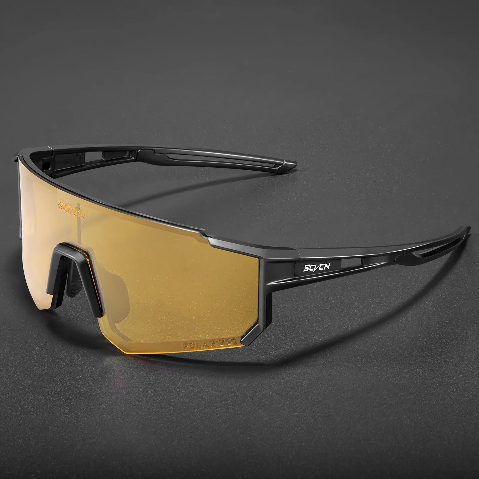 Lunettes Cyclisme SCVCN - Protection UV400 avec verres polarisés jaunes et monture noire légère. Idéales pour performance et confort sportif.