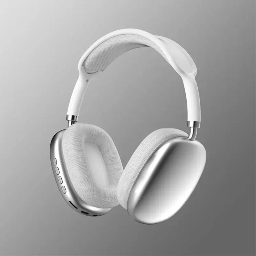 Casque Pro Air sans fil argenté avec coussinets rembourrés et commandes latérales. Audio immersif compatible Apple et Android pour usage quotidien.