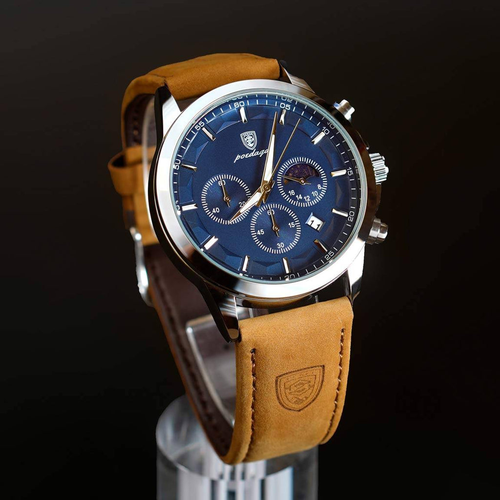 Montre Elegance Suisse avec cadran bleu et bracelet cuir camel, alliant style raffiné et précision horlogère haut de gamme.