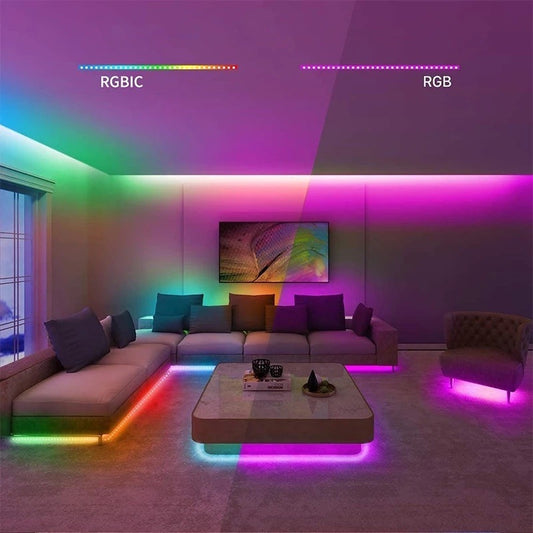 Bande LED connecté RGBIC créant un éclairage personnalisé dans un salon moderne. Contrôlez les couleurs dynamiques via une application mobile.