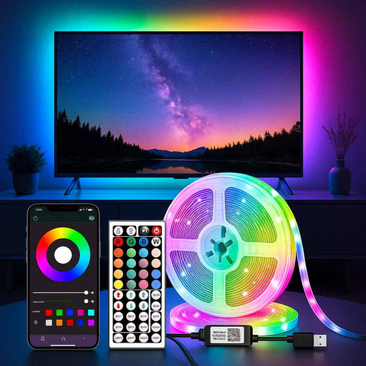 Ruban LED RGB USB avec télécommande, appli mobile et alimentation USB, idéal pour rétroéclairage TV. Éclairage déco personnalisable multicolore.