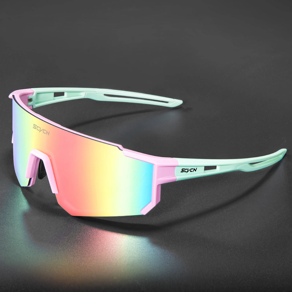Lunettes Cyclisme SCVCN - Protection UV400 avec monture rose et branches vert menthe. Verres miroir arc-en-ciel pour performance et confort sportif.