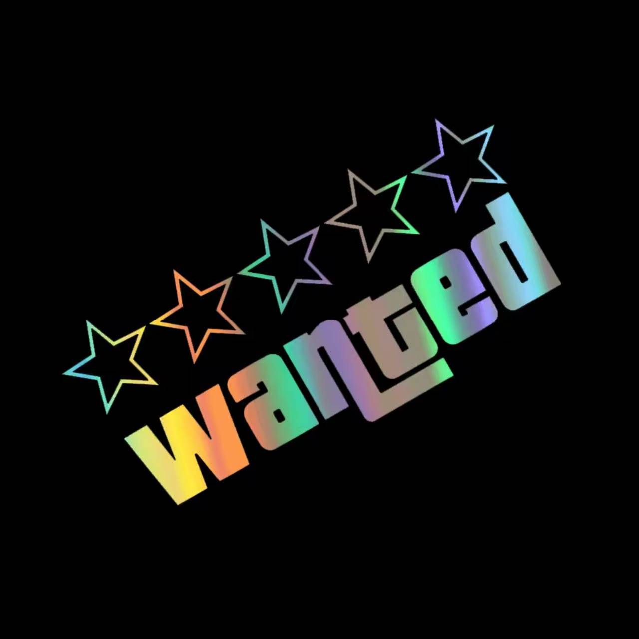 Sticker auto vinyle holographique 'Wanted' avec étoiles colorées. Vinyle imperméable, idéal pour personnaliser votre véhicule avec style.